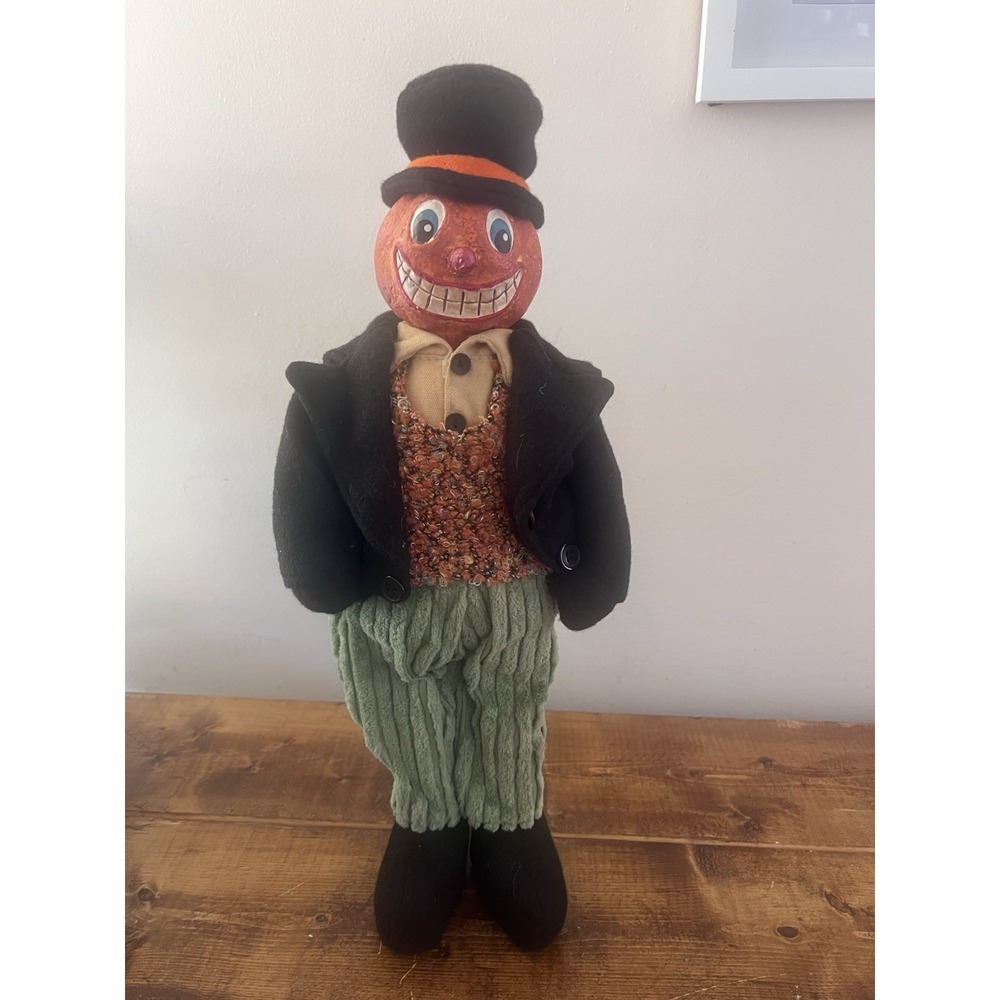 Vintage Primitive Pumpkin Head Top Hat Halloween Doll Folk Art Style Fall Decor